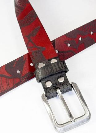 Красно-черный ремень dead dragon camo red big belt из кожи растительного дубления4 фото