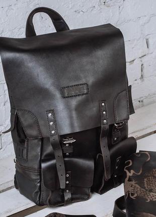 Черный рюкзак creedence black backpack из кожи7 фото
