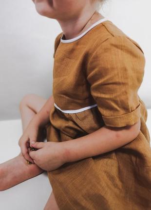 Детское горчичное платье из льна3 фото