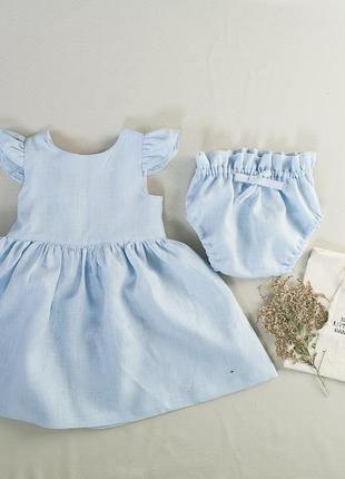 Голубое детское льняное платье с блумерами
