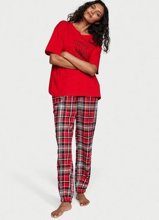 Оригинал м пижама фланелевая victoria's secret cotton & flannel tee-jama set красный1 фото