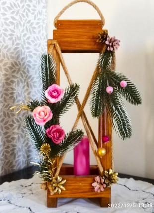Свічковий ліхтар дерев'яний " рожеві мрії у новорічну ніч"2 фото