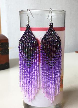 Фиолетовые серьги из бисера, серьги бахрома, серьги на подарок, лиловые серьги, бисерные серьги5 фото