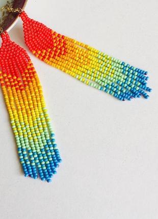 Бисерные серьги радуга, радужные серьги, разноцветные длинные серьги из бисера1 фото