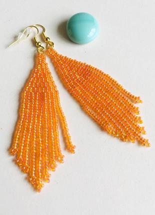 Оранжевые серьги из бисера, длинные оранжевые серьги, бисерные серьги3 фото