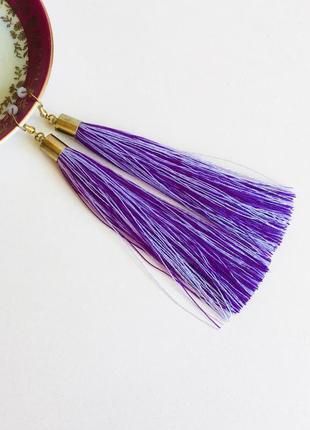Фиолетовые серьги кисточки, серьги кисти, длинные фиолетовые серьги3 фото