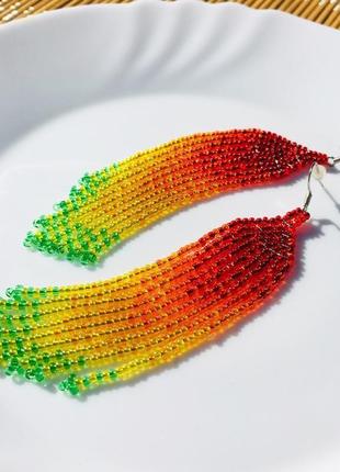 Бисерные серьги радуга, серьги бахрома из бисера, яркие длинные серьги, серьги кисточки из бисера4 фото