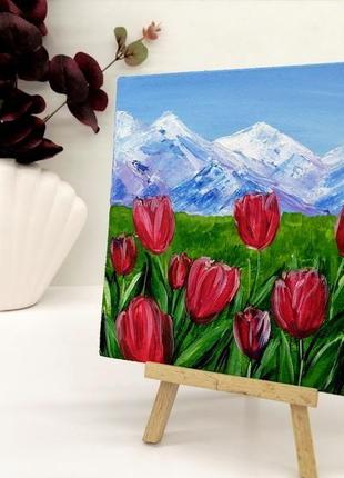 Картина миниатюра долина тюльпанов, подарочный набор с картиной, красивые цветы, пейзаж цветы2 фото