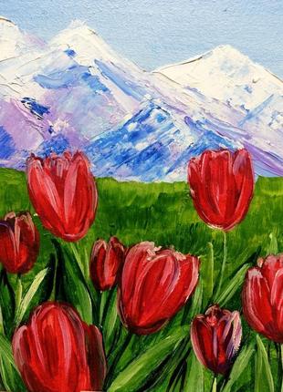 Картина миниатюра долина тюльпанов, подарочный набор с картиной, красивые цветы, пейзаж цветы6 фото