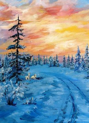 Картина маслом зимовий ліс, гарний ліс, лісові тварини, зимовий пейзаж маслом, захід у лісі4 фото