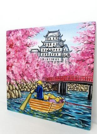 Миниатюра маслом сакура, япония пейзаж картина маслом сакура, цветение сакуры, весенний пейзаж,4 фото