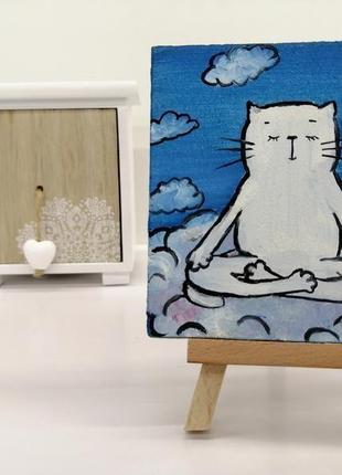 Миниатюра маслом кот на облаке, небо и тучи, прикольные картины, оригинальные магниты, картина кота4 фото