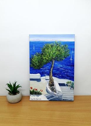Картина маслом дівчина в греції, літній пейзаж, текстурний живопис квіти,  картина на підрамнику3 фото