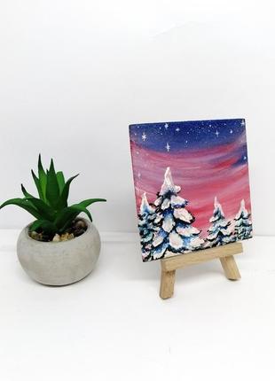 Картина-магнітик зима, оригінальна олійний живопис, зимова ніч картина, зимовий пейзаж маслом8 фото