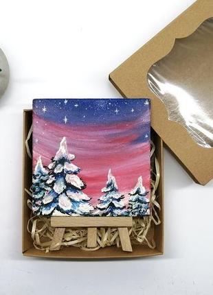Картина-магнітик зима, оригінальна олійний живопис, зимова ніч картина, зимовий пейзаж маслом10 фото