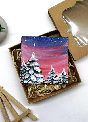 Картина-магнітик зима, оригінальна олійний живопис, зимова ніч картина, зимовий пейзаж маслом9 фото