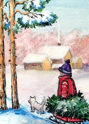 Мініатюра маслом "похід за ялинкою" зимовий пейзаж, зима і ялинки, новорічний настрій3 фото