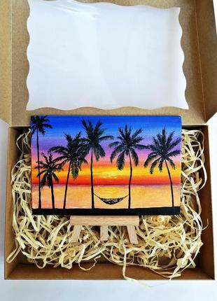 Картина миниатюра маслом пальмы и гамак, картина с пальмами, райский остров, картина с гамаком8 фото