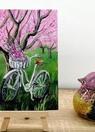 Картина маслом велосипед, велосипед картина, мініатюрна живопис, маленька картина3 фото