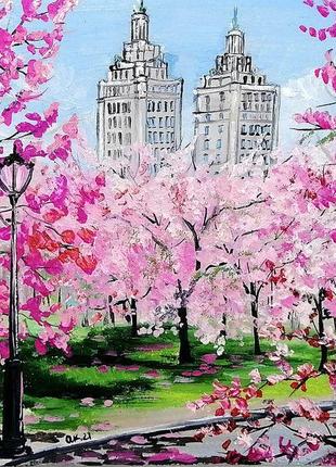 Картина маслом цвітіння сакури в парці, мініатюра сакура, дерево весна міський пейзаж подарунок2 фото