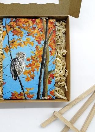 Миниатюра маслом сова, картина с совой, картина на подарок, авторская живопись, подарочный набор6 фото