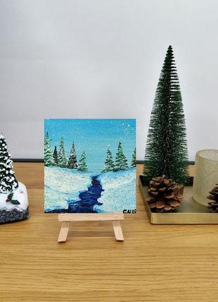 Мініатюра маслом річка, зимовий пейзаж маслом, річка картина маслом, авторський живопис4 фото