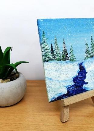 Мініатюра маслом річка, зимовий пейзаж маслом, річка картина маслом, авторський живопис2 фото