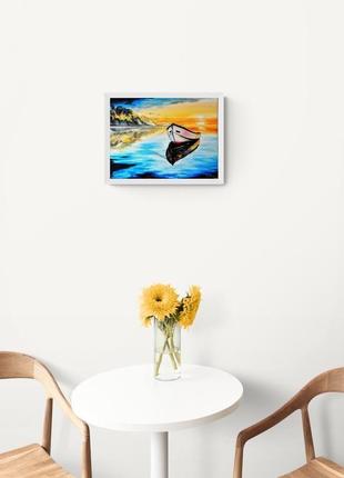 Картина маслом лодка, лодка на воде картина, интерьерная картина маслом, озеро пейзаж4 фото