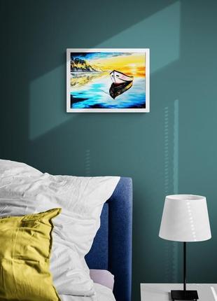 Картина маслом лодка, лодка на воде картина, интерьерная картина маслом, озеро пейзаж5 фото