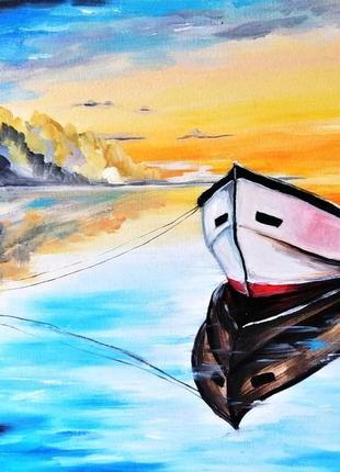 Картина маслом лодка, лодка на воде картина, интерьерная картина маслом, озеро пейзаж8 фото