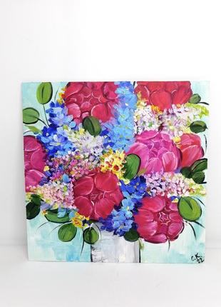 Картина олійними фарбами півонії квіти олійний живопис яскраві квіти в букеті картина подарунок2 фото