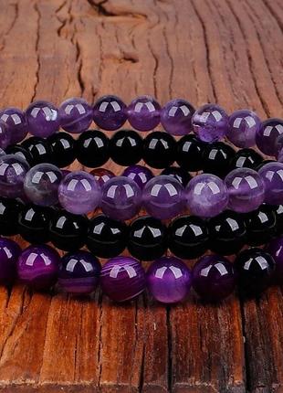Набор браслетов из натуральных камней. фиолетовый агат, аметист, черный оникс1 фото