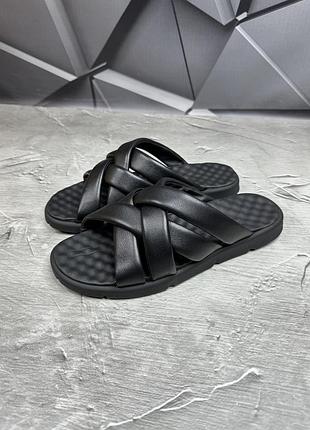 Стильные черные мужские удобные шлепанцы кожаные,натуральная кожа-мужская обувь на лето