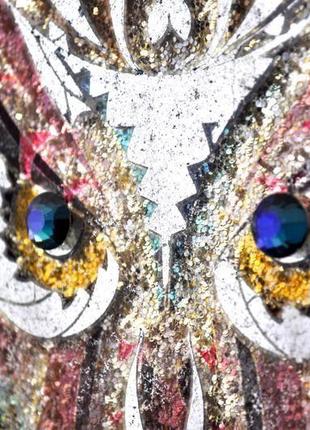 Картина за дзеркалом з кристалами і гліттером кришталева сова crystal owl №33163 фото