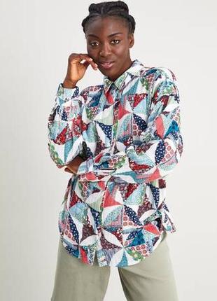 Классная женская рубашка печворк из марлевого коттона /tu clothing patchwork print shirt / оверсайз1 фото