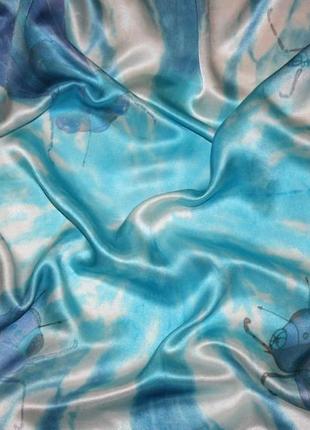 Атласный платок  с цикадами, голубой платок, шовкова хустка6 фото