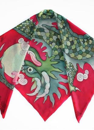 Красный шелковый платок  с зеленым драконом, батик платок, шовкова хустина3 фото