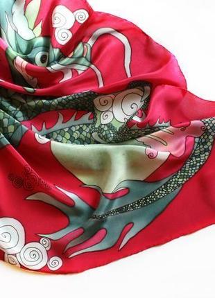 Красный шелковый платок  с зеленым драконом, батик платок, шовкова хустина6 фото