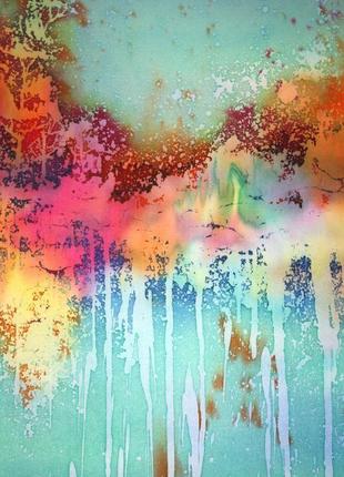 Атласный платок ручной росписи, абстрактный осенний пейзаж на шелке, горячий батик, шовкова хустина3 фото