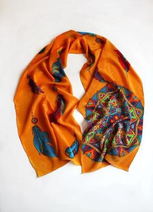 Оранжевый шелковый шарф ручной росписи с ловцом снов, женский платок с мандалой
