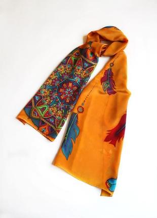 Оранжевый шелковый шарф ручной росписи с ловцом снов, женский платок с мандалой4 фото