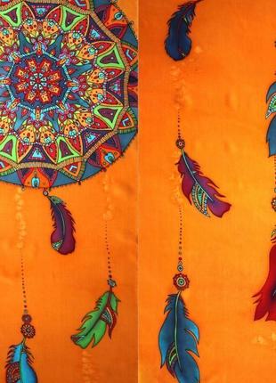 Оранжевый шелковый шарф ручной росписи с ловцом снов, женский платок с мандалой2 фото