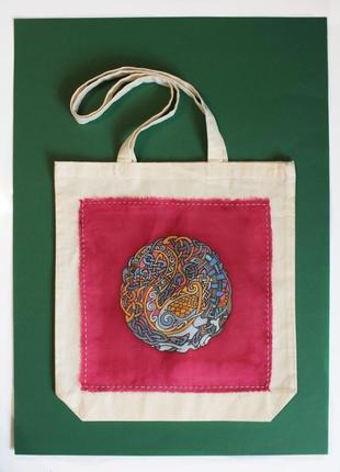 Бавовняна еко-сумка з кельтської мандалою, сумка шопер з ручним розписом, white tote bag2 фото