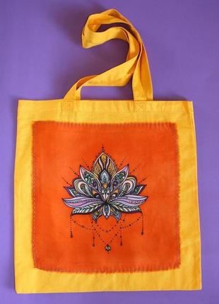 Желтая эко-сумка с лотосом, шопер, батик сумка, оранжевая tote bag, подарок маме1 фото