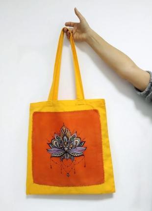 Жовта еко-сумка з лотосом, шопер, батік сумка, помаранчева tote bag, подарунок мамі2 фото