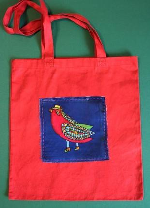 Красная хлопковая эко сумка с птичкой, сумка с ручной росписью, red tote bag, подарок на 8 марта3 фото