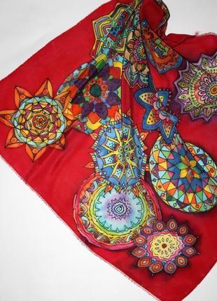 Шейный шелковый платок с мандалами, красный платок, яркая бандана из шелка3 фото