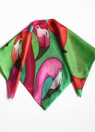 Шелковый шейный платок с фламинго, женский платок ручной росписи, батик бандана2 фото