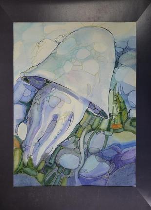 Живопись акварель, медуза в бирюзовых водах, винтажная картина