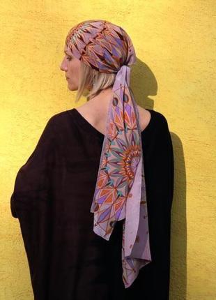 Длинный шелковый шарф  росписи с мандалами, сиреневый женский батик шарф4 фото